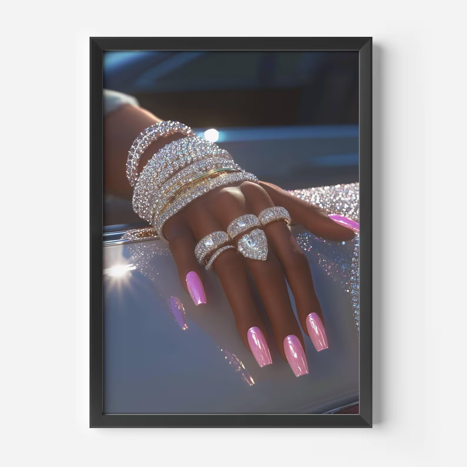 Framed nail art with pink chrome nails and diamond jewelry