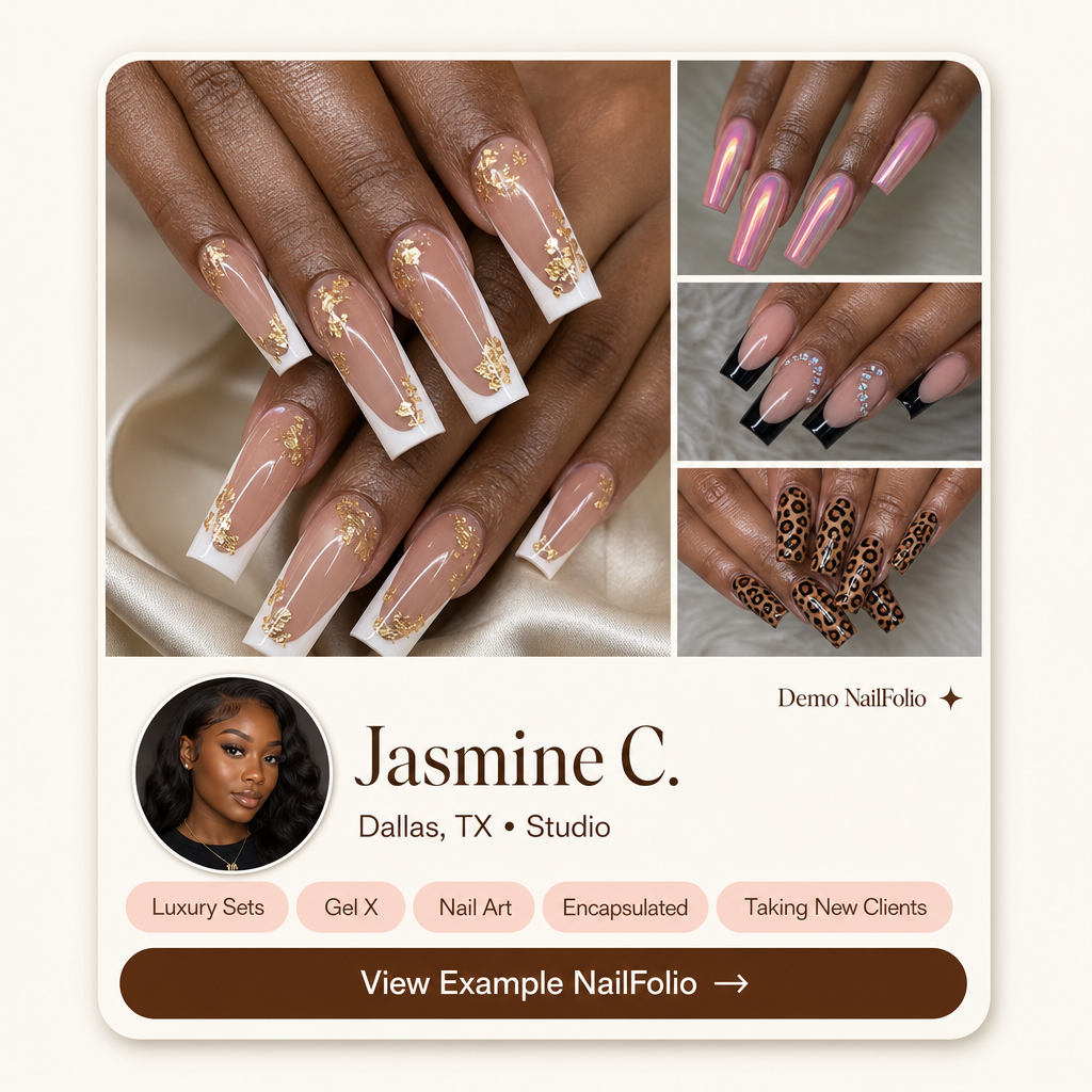 Example NailFolio profile showing nail artwork, artist details, specialties, and a booking link.