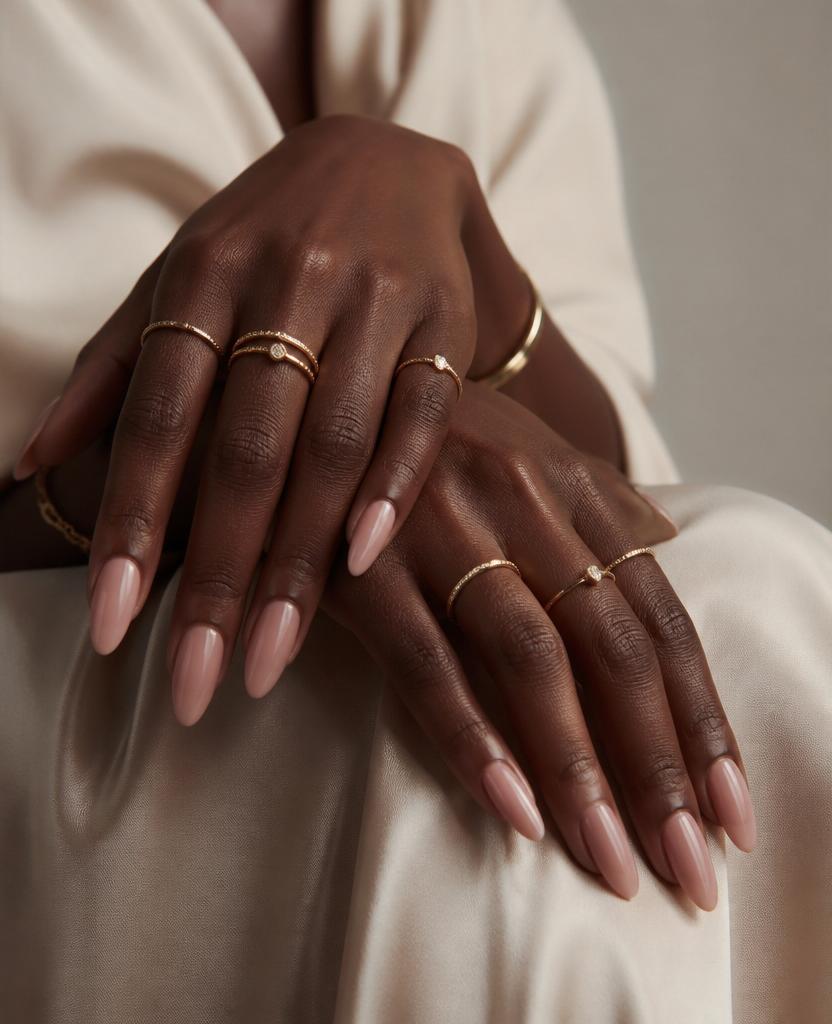 Elegant brown-skinned hands with blush-pink almond nails and delicate gold rings