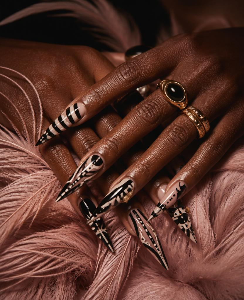 Hands with black-and-white graphic stiletto nail art resting on blush feathers