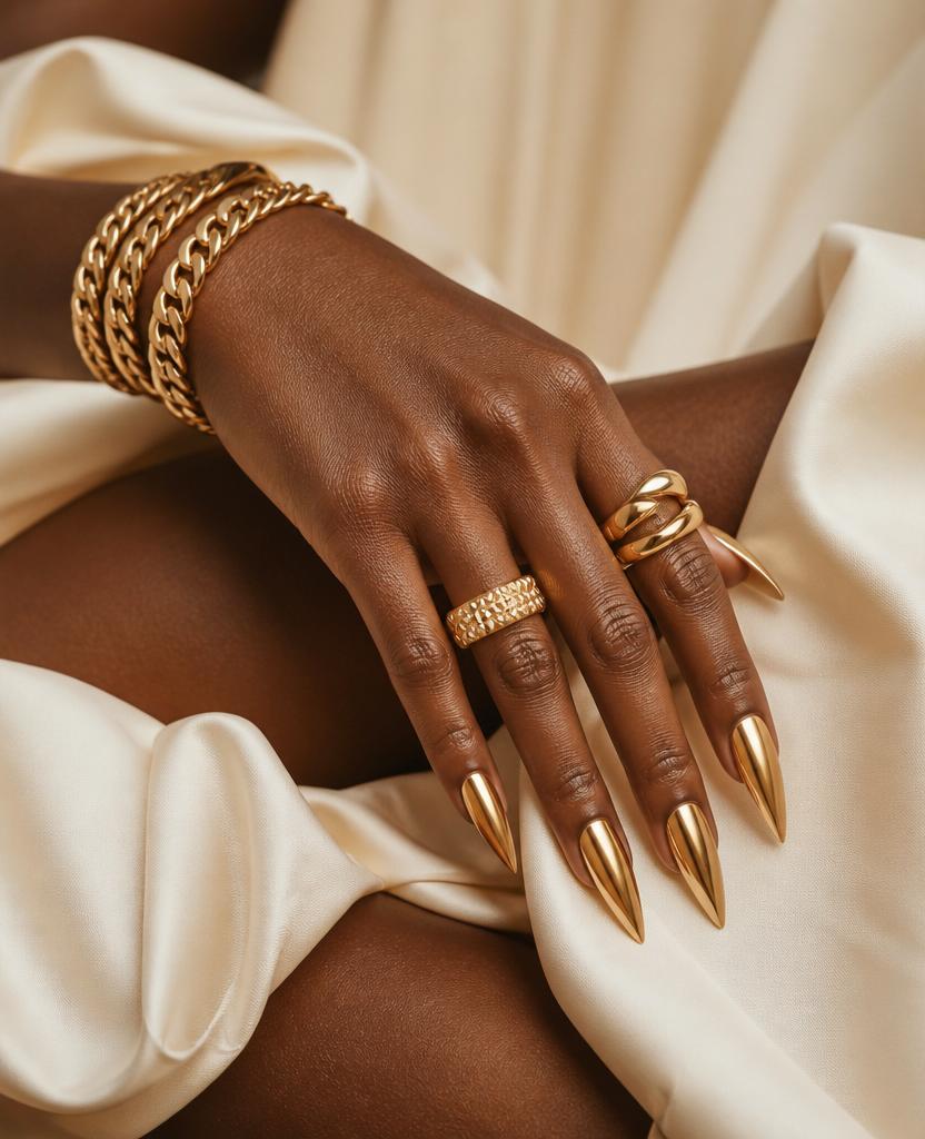 Hand with long gold chrome stiletto nails and chunky gold jewelry on cream satin